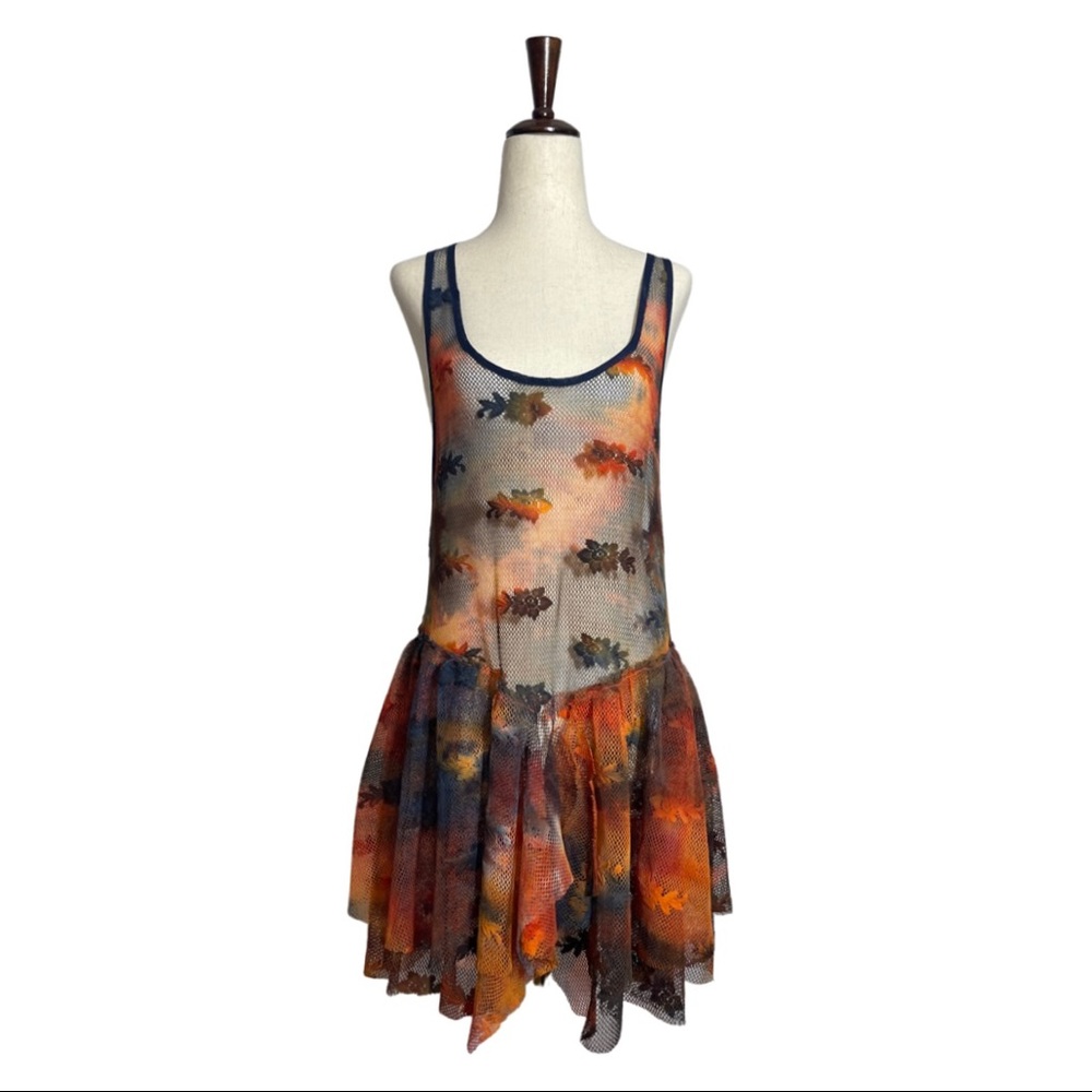 Free People • Fairy Grunge Tiered Floral Mesh Rust Tie Dye Mini Slip Dress S - Picture 3 of 9